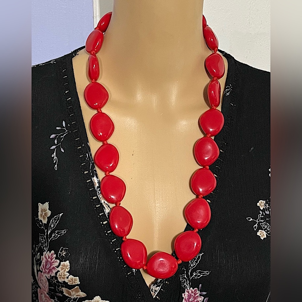 Vintage Boho Chunky Plastic Red Bead Knotted String Necklace 26” length